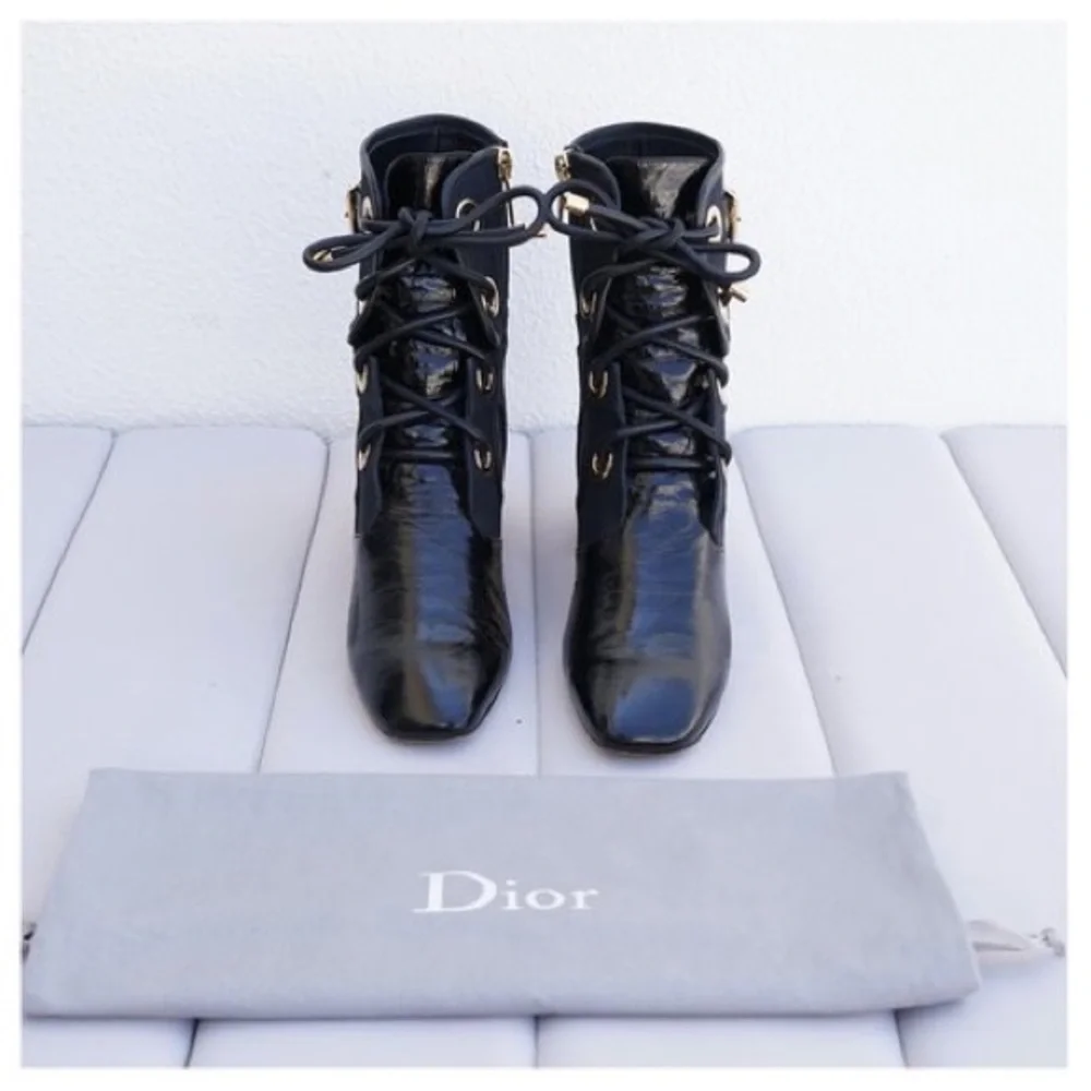 Dior Black Canvas and Crinkled Leather Sculpted Block Heel Ankle Boots Size 38.5 - Picture 5 of 10
